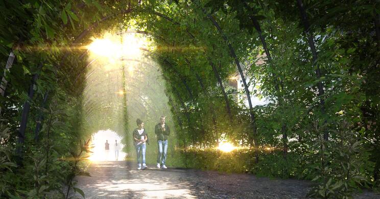 Paar das in der abendlichen Sonne unter einer grünen Pergola durchspaziert.