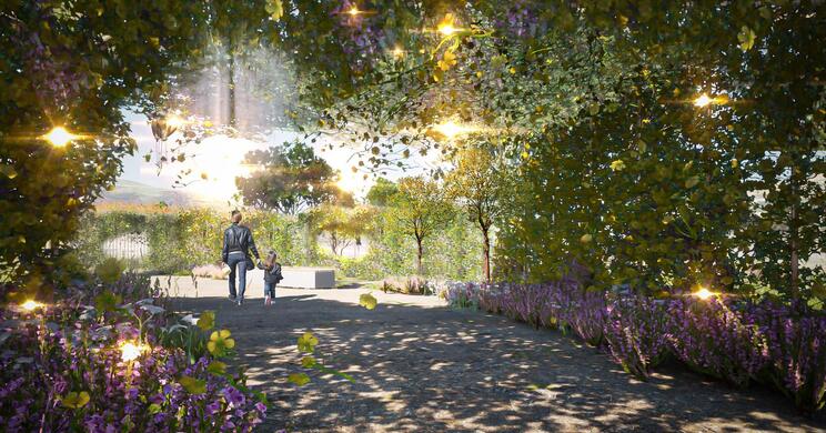 Gartenweg mit Blumenbeeten und dichter Bepflanzung im warmen Sonnenlicht.